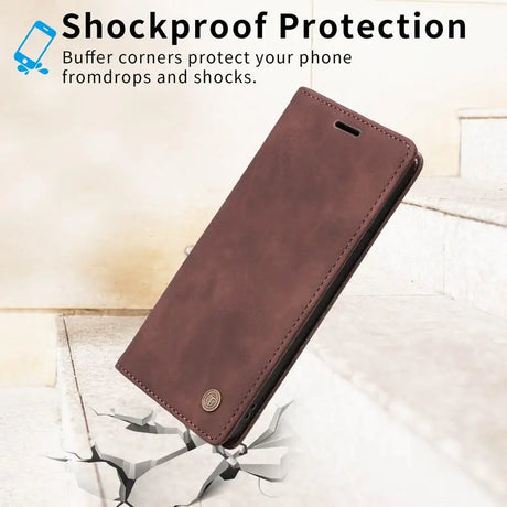 Brown leather flip-style smartphone case with shockproof protection.