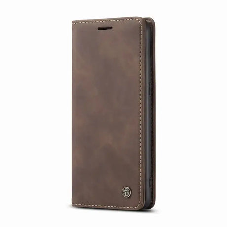 The back of a brown leather iphone case