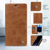 Brown leather-like phone wallet case with card slots.