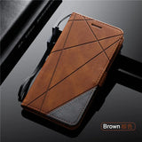 Brown leather phone case with geometric stitching and a gray accent.