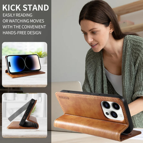 Brown leather phone case with a kickstand feature.