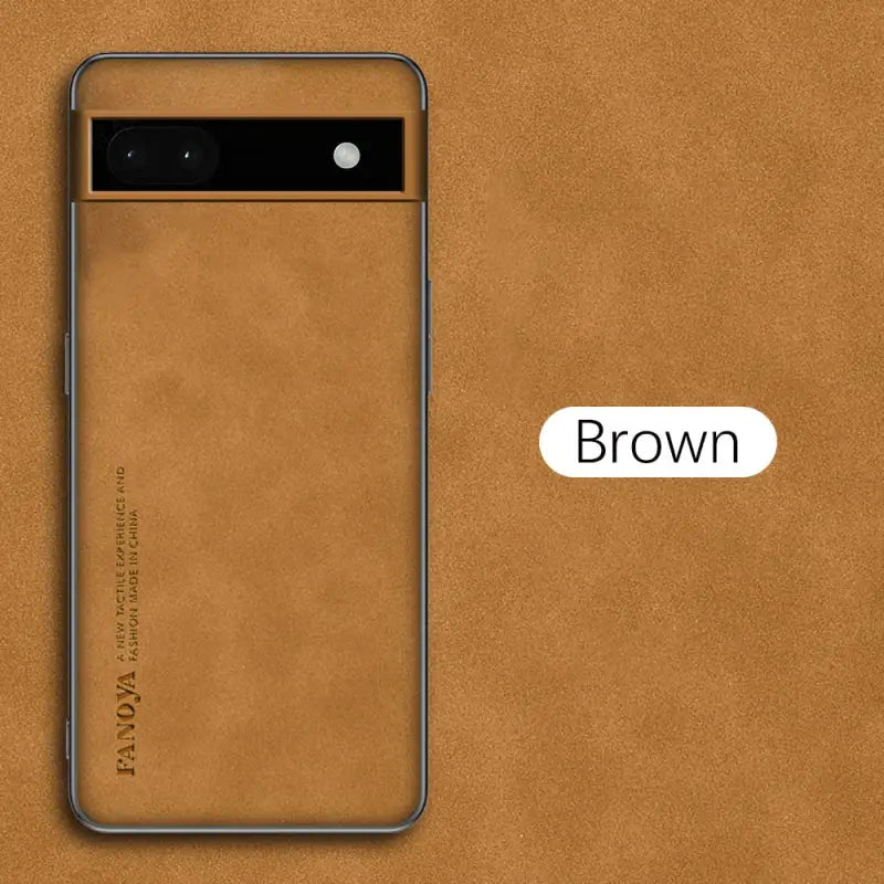 the back of a brown leather phone case
