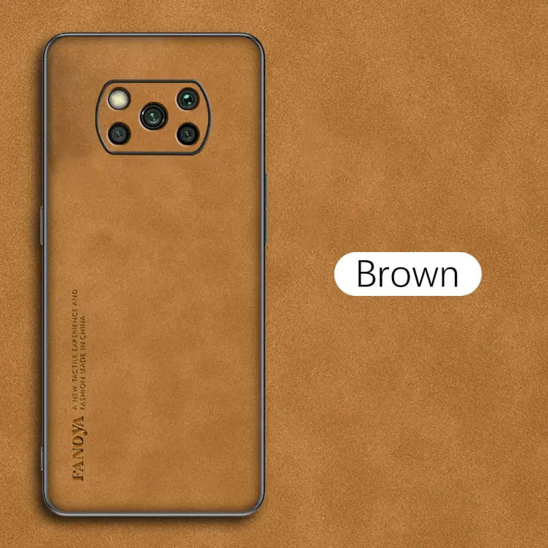 the back of a brown leather phone case