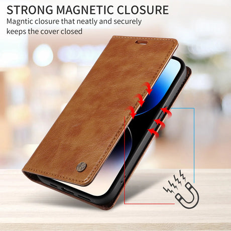 Brown leather-style phone case with a magnetic flap closure.