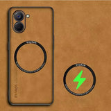 Brown leather-textured MagSafe phone case with camera cutouts.