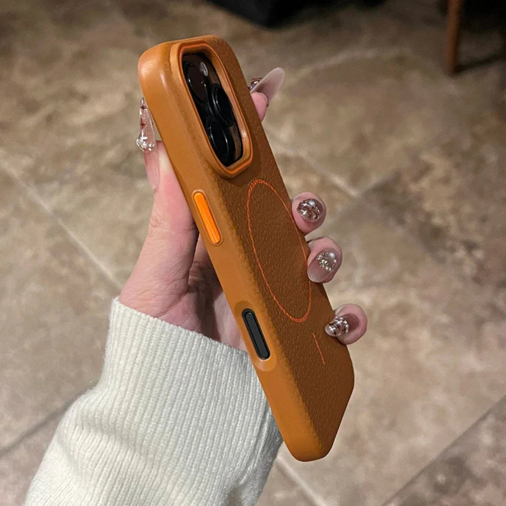 Brown leather-textured phone case.