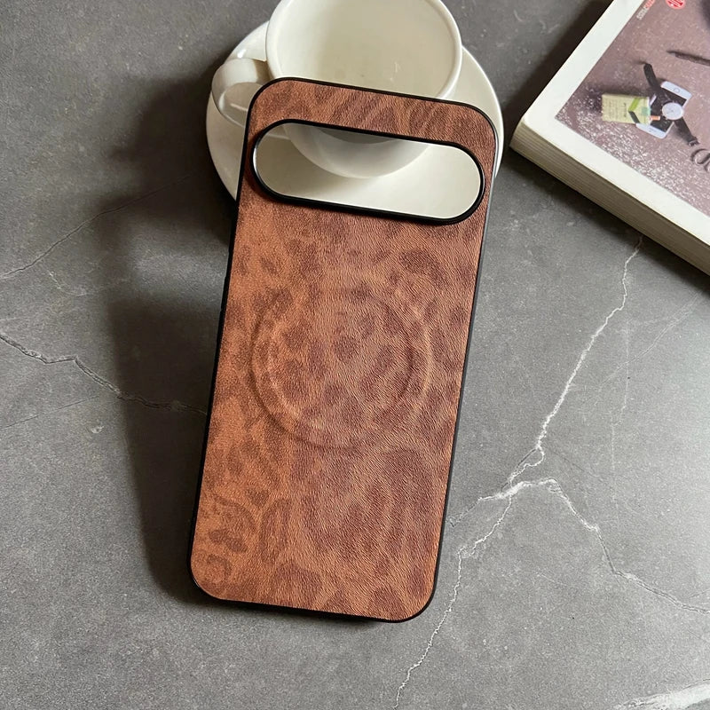 Brown leather-textured phone case with a camera cutout and an embossed circular design.