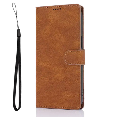 A brown leather wallet case with a lanyard strap