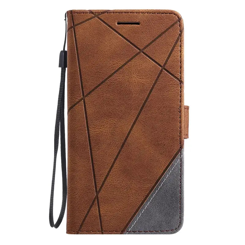 the brown leather wallet case with a black leather strap