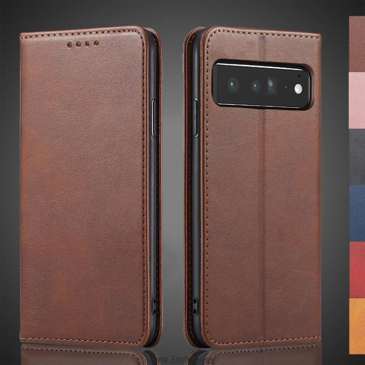 Brown leather wallet case for a smartphone with a horizontal camera bar.