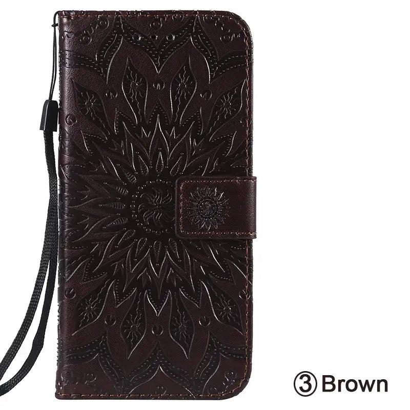 the brown leather wallet case with a flower design