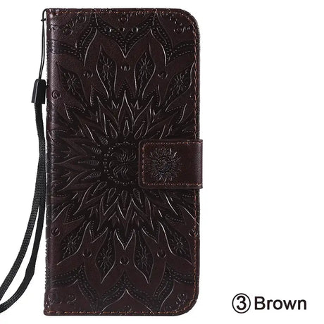 The brown leather wallet case with a flower design