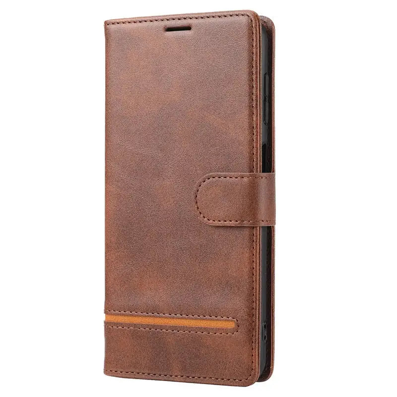 the back of a brown leather wallet case