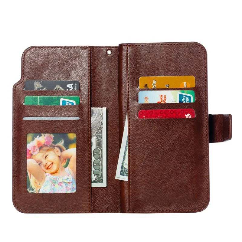 Brown leather wallet with multiple card slots and a photo insert.