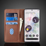 A brown leather wallet phone case with multiple card slots and a pocket for cash, holding a smartphone.