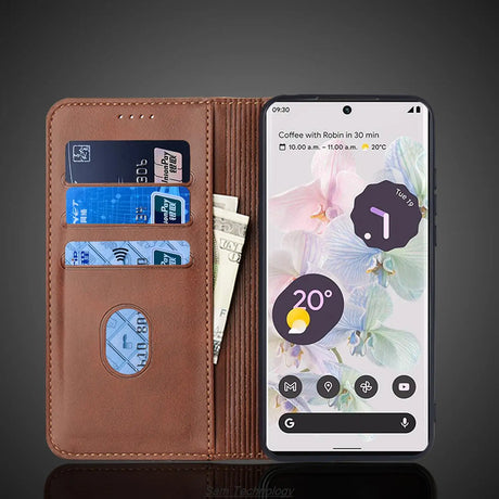 A brown leather wallet phone case with multiple card slots and a pocket for cash, holding a smartphone.