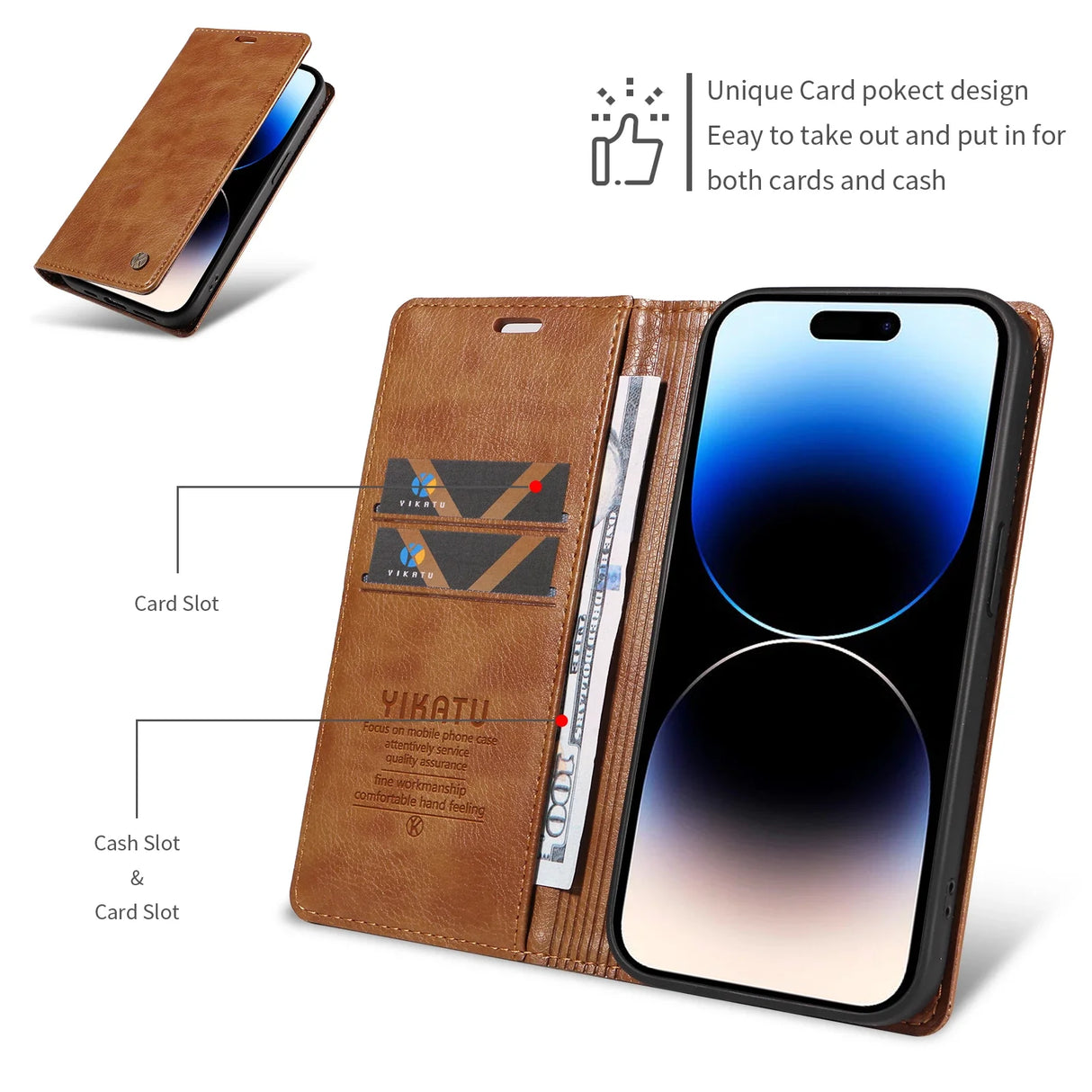 Brown leather wallet phone case for an iPhone.
