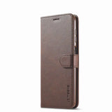 Brown leather wallet-style phone case with a flip cover and card slots.