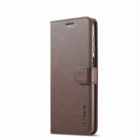 Brown leather wallet-style phone case with a flip cover and card slots.