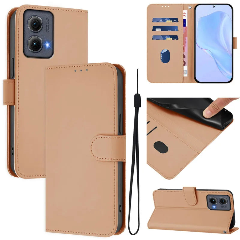 A brown leather wallet-style phone case with card slots and a wrist strap.
