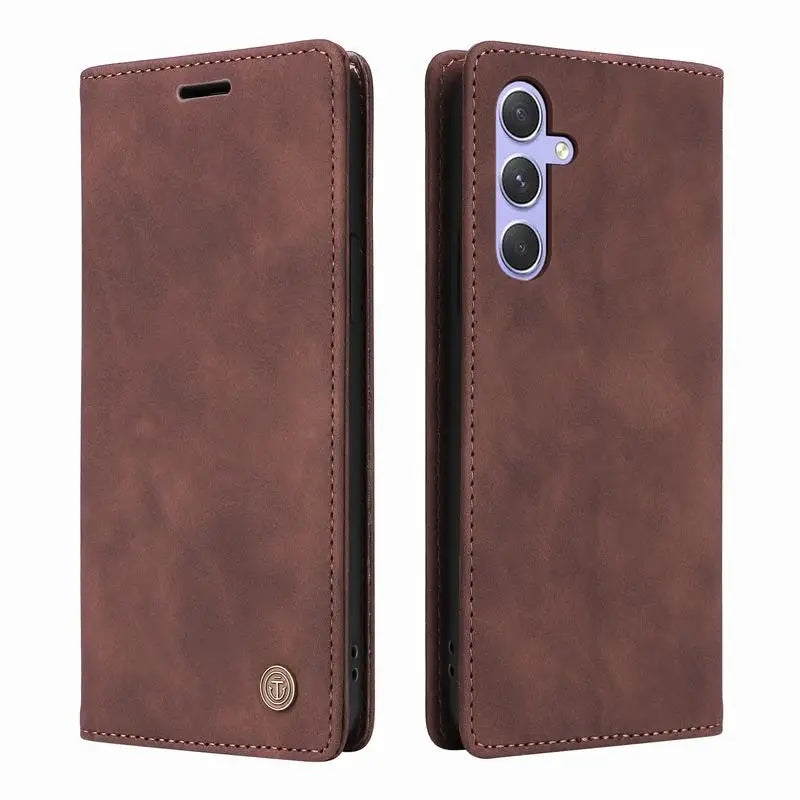 Brown leather wallet-style phone case with a triple camera cutout.