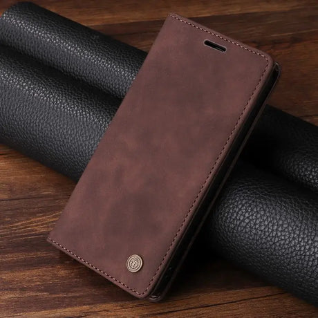 Brown leather wallet-style phone case with a folding cover.