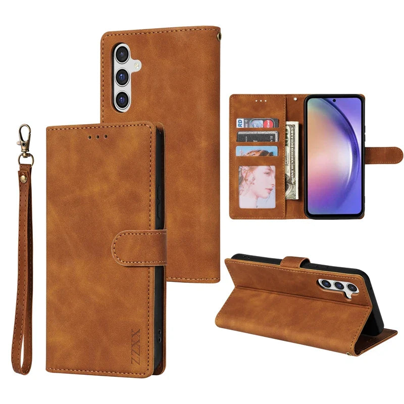 Brown leather wallet-style phone case with multiple card slots and a wrist strap.