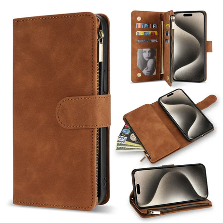 Brown leather wallet-style phone case with multiple card slots and a zipper compartment.