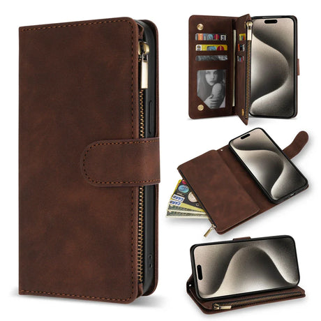 Brown leather wallet-style phone case with multiple card slots and a zippered compartment.