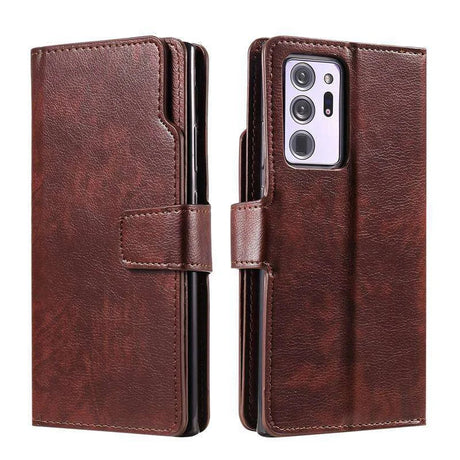 Brown leather wallet-style phone case with a camera cutout.