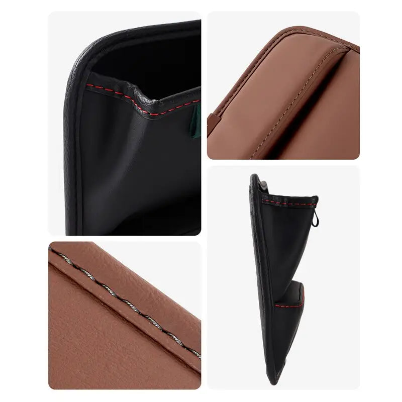 the leather wallet case is shown with the zipper open