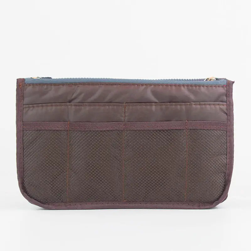 the zipper pouch is a small, dark brown, leather pouch with a zipper closure