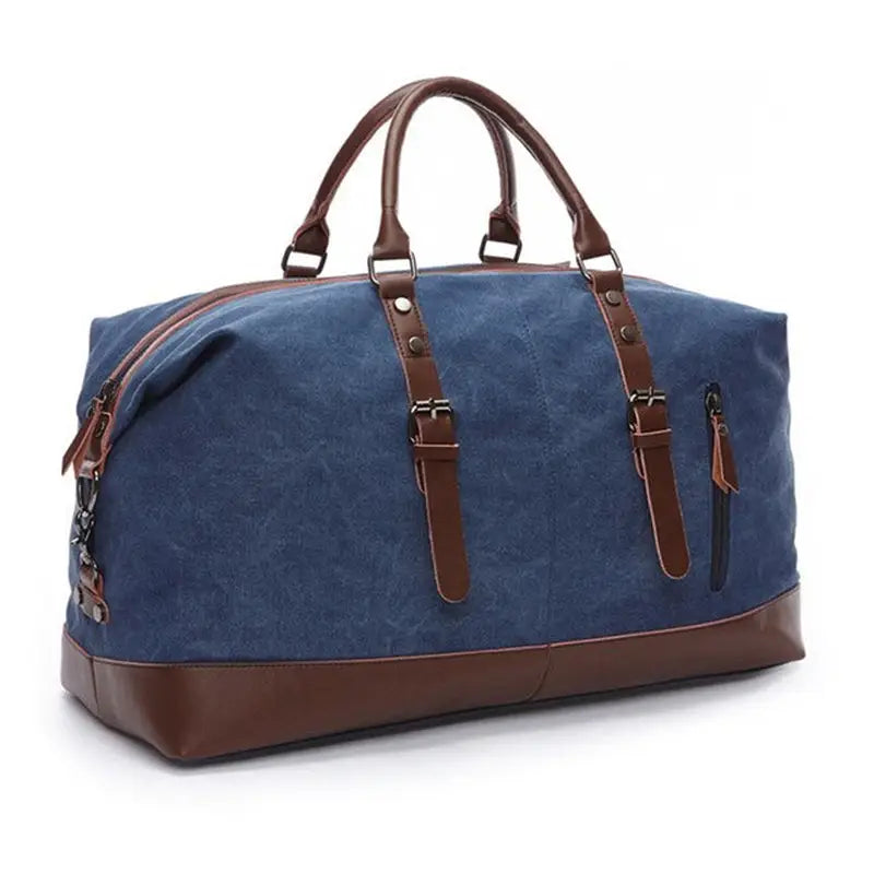 a blue duff bag with brown leather handles