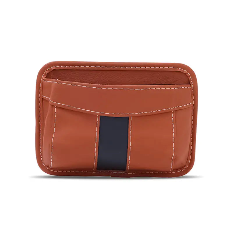 a brown leather wallet with a blue stripe