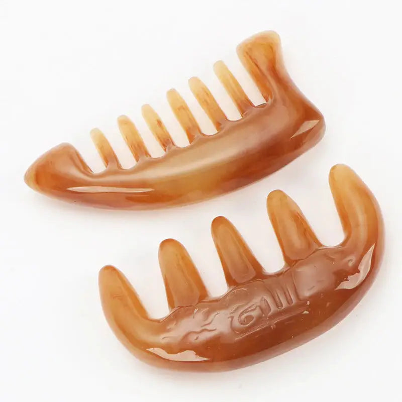 two teeth with brown gums on a white background