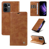 A brown, textured leather-look phone case with card slots and a kickstand function.