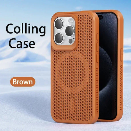 Brown textured phone case with a circular pattern and camera cutout for an iPhone.