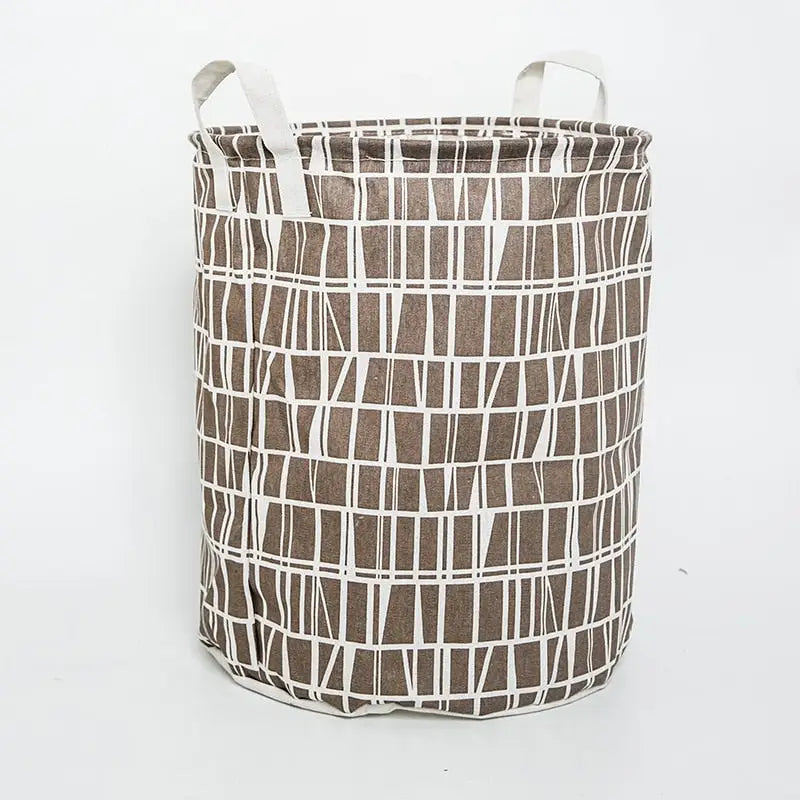 a brown and white basket with a white handle