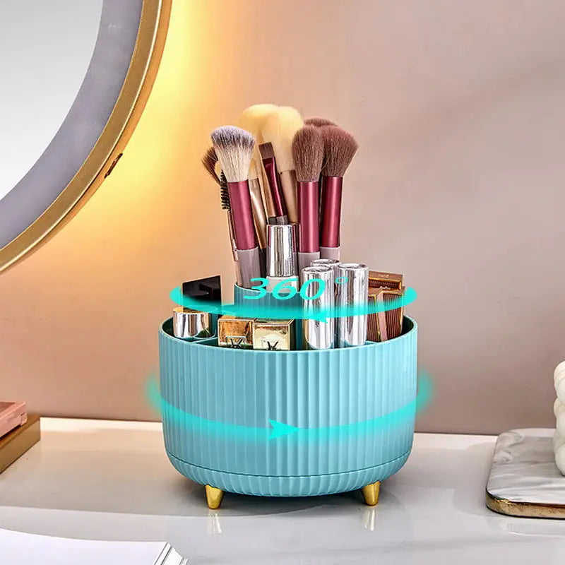 a blue makeup brush holder with brushes and makeup brushes