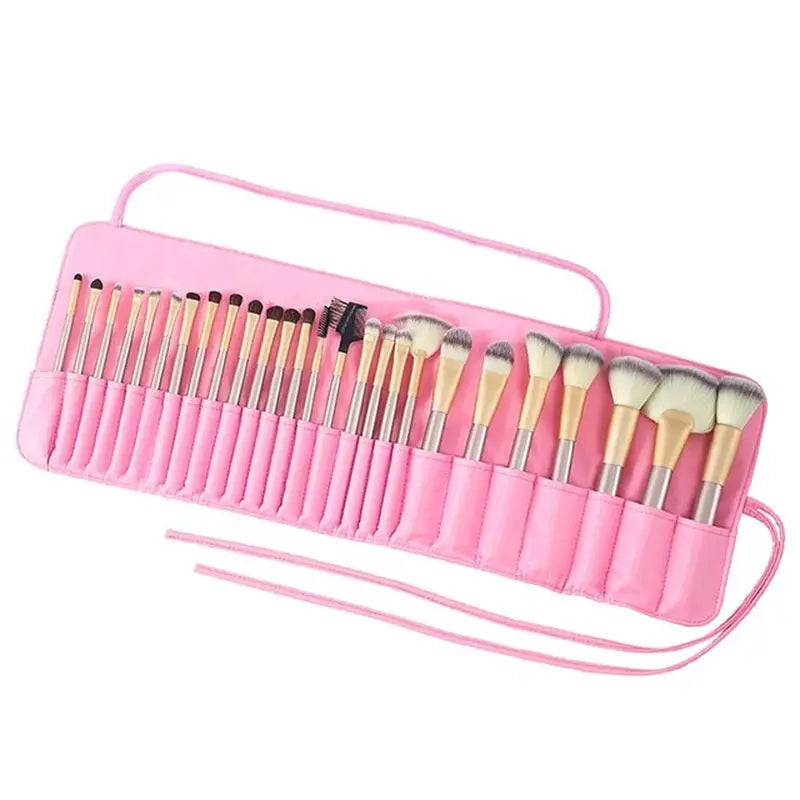 a pink makeup brush case with a pink handle