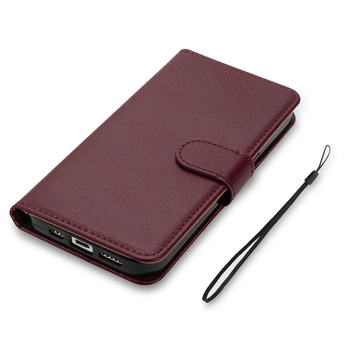 The burgundy leather wallet case is shown with a black phone