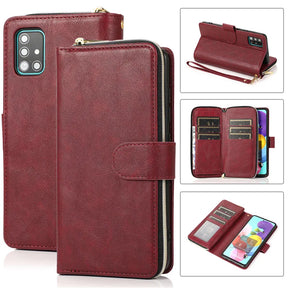 Burgundy leather wallet case for a smartphone with multiple card slots and a zipper compartment.