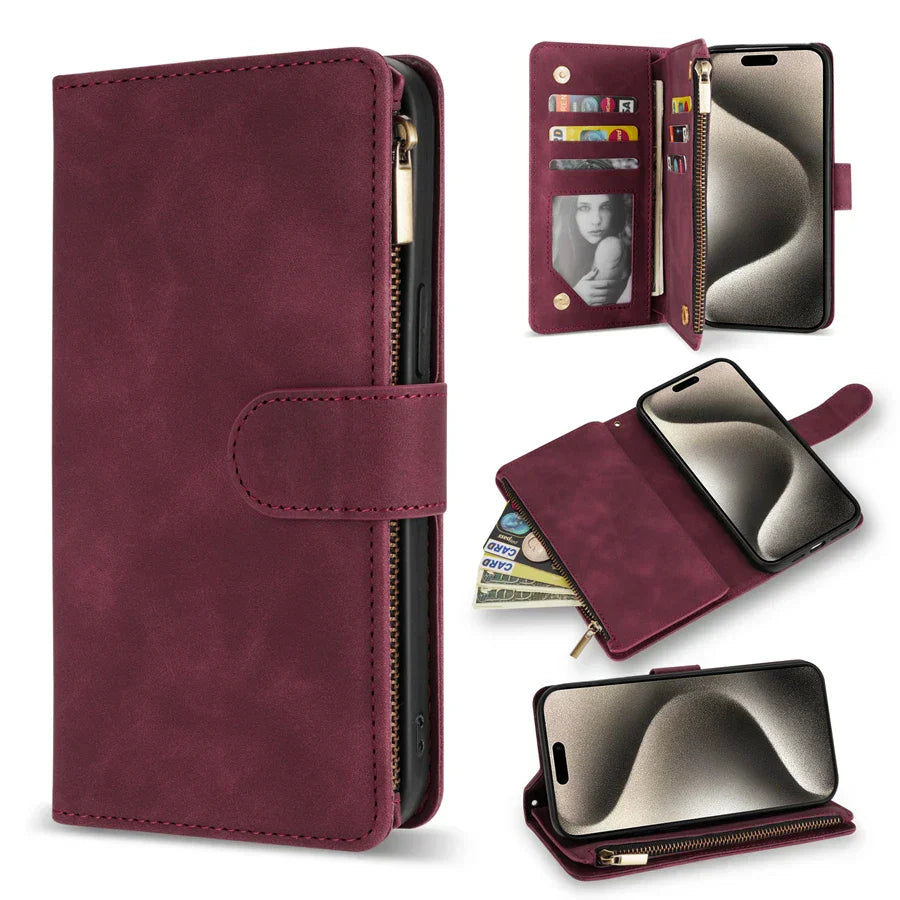 Burgundy leather wallet phone case with multiple card slots and a zipper compartment.