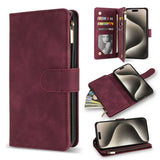 Burgundy leather wallet phone case with multiple card slots and a zipper compartment.