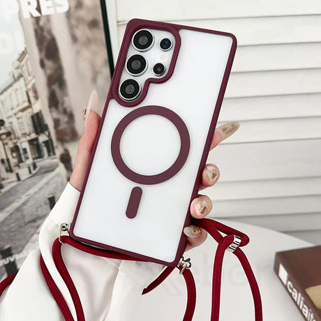 Burgundy phone case with magnetic ring and lanyard.