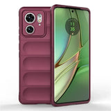 Burgundy smartphone in a protective case with a visible camera module and a screen displaying the time.