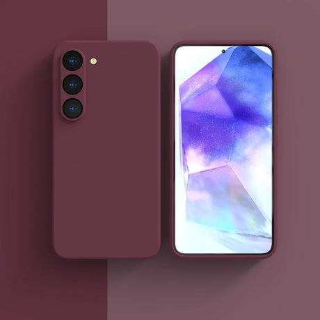 Burgundy smartphone with triple rear cameras and a colorful abstract display screen.