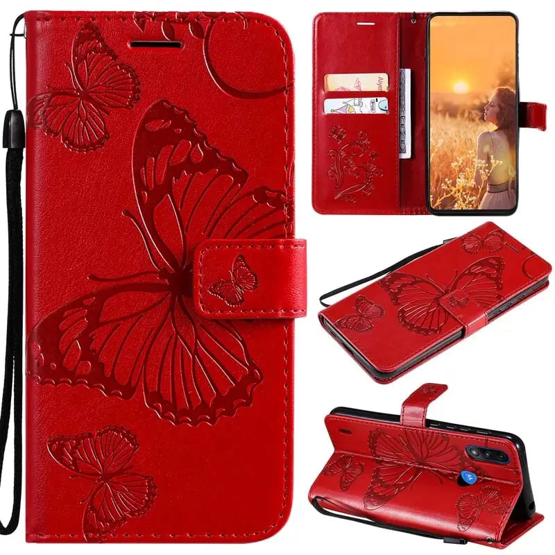 a red leather wallet case with a butterfly design and matching lanyard