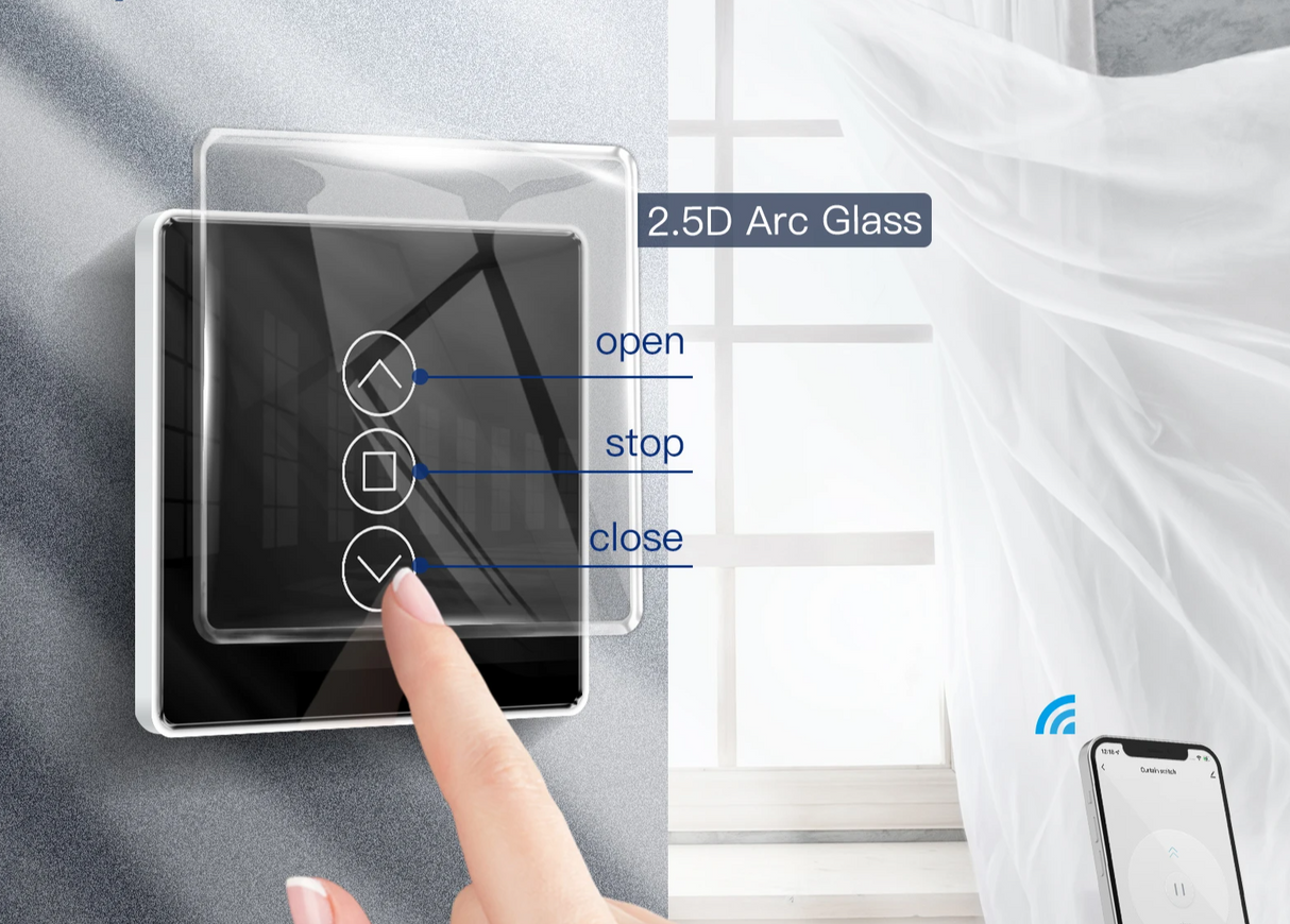 Tuya Smart 2.5D Arc Glass Touch Curtain Control Switch - WiFi Roller Blinds Shutters Control via SmartLife Google Alexa Apps