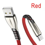a red usb cable with a silver and black connector